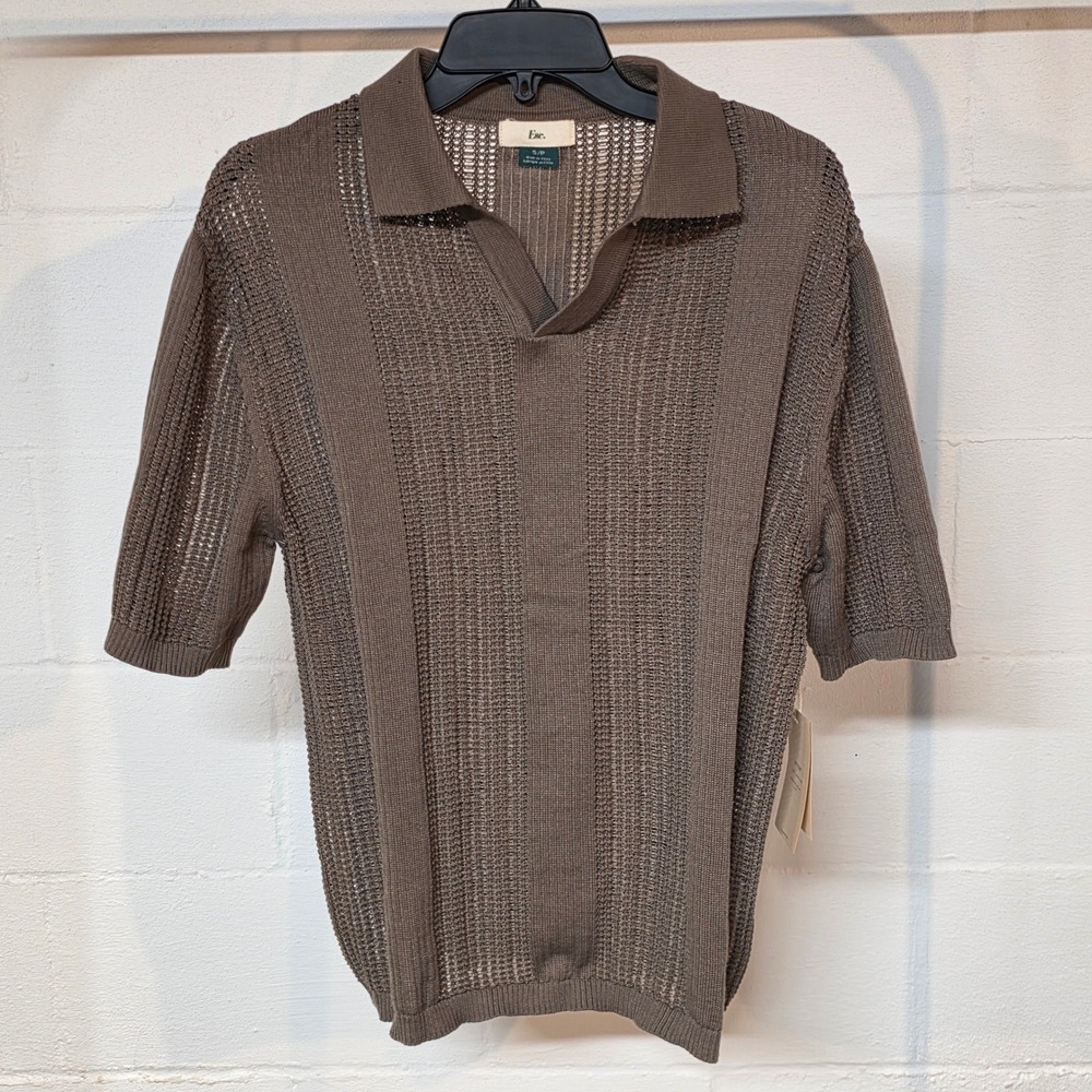 NWT Escape Brand Men Small Short Sleeve Knit Polo Shirt Brown Open Weave Crochet